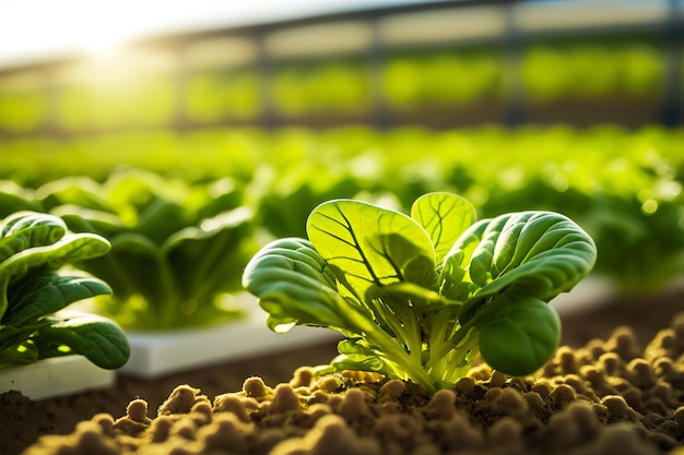 Organische Salat- und Gemüseplantage junge gesunde Sämlinge, die in der Sonne aufwachsen Generative ai