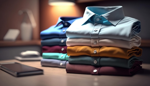 Organisieren Sie Ihren Schrank, kaufen Sie gestochen scharfe Hemden, die ordentlich gefaltet und auf einem Tisch gestapelt sind Generative KI