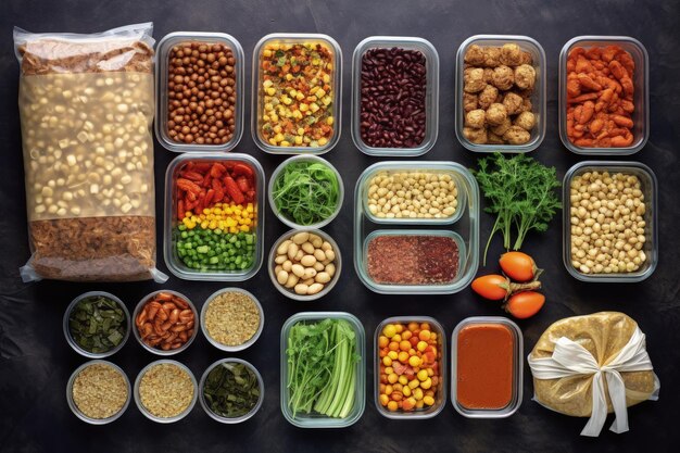 Organisierte Behälter für die Zubereitung von Mahlzeiten mit Blick auf budgetfreundliche und nährstoffreiche Mahlzeiten von oben