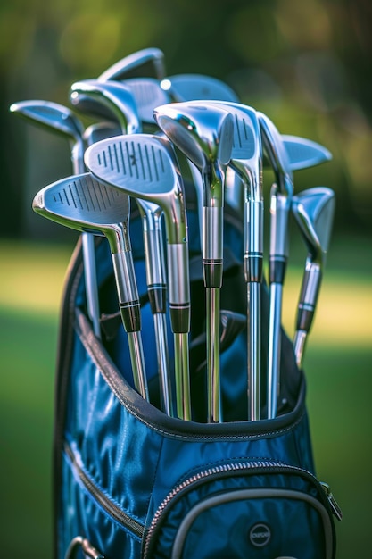 Foto organisierte golftasche mit ordentlich angeordneten schlägern, die das sportkonzept der olympischen sommerspiele veranschaulicht