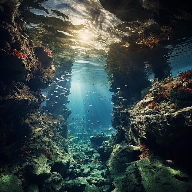 Organismos de diferentes cores nas camadas rochosas do oceano