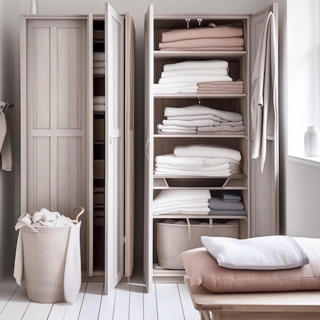 Foto organização e armazenamento de roupas no armário em casa minimalismo