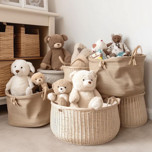 Organización y almacenamiento de peluches en la habitación de los niños.