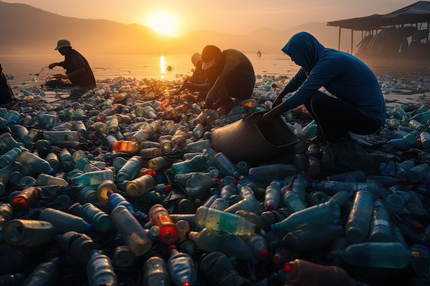 organización ecológica voluntarios que recogen botellas de plástico mar contaminado concepto de cuidado del medio ambiente