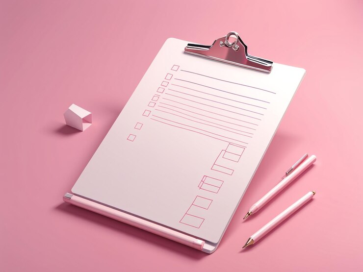 Foto organizado elegance clipboard branco com lista de verificação em fundo rosa
