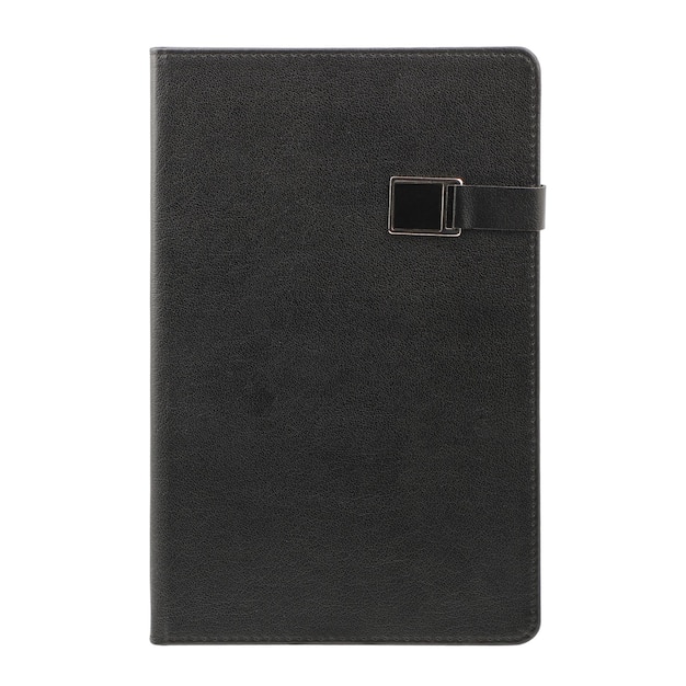 Foto organizador de cuero negro cuaderno diario con imán aislado sobre fondo blanco elegante planificador diario trazado de recorte fondo aislado