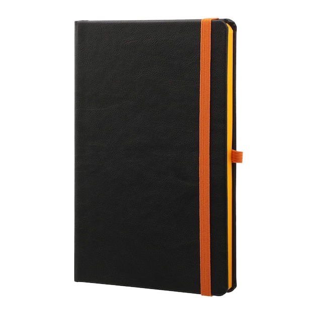 Organizador de couro preto caderno diário com porta-canetas isolado em fundo branco planejador diário elegante com porta-canetas de borracha colorida traçado de recorte fundo isolado