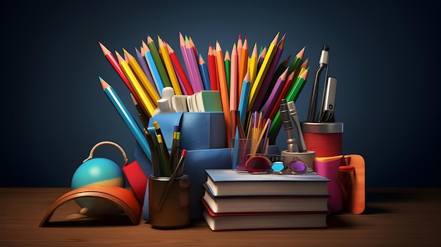 Organizador de mesa limpo adornado com canetas e cadernos coloridos de materiais escolares
