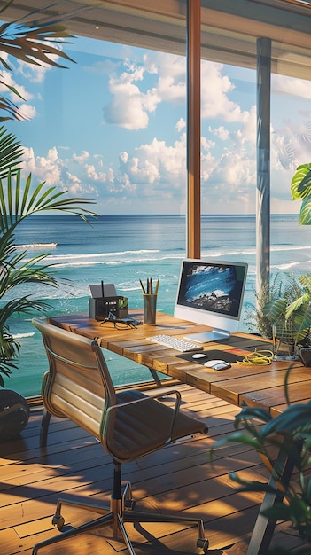 Organizador de escritorio con vista al océano en la oficina costera moderna