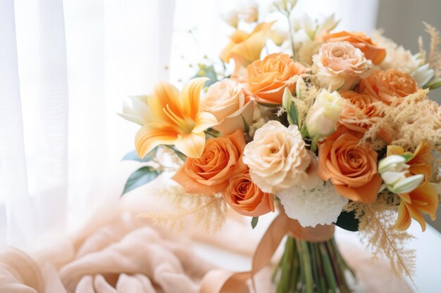 Organizando um casamento com belos buquês de flores de pêssego e laranja