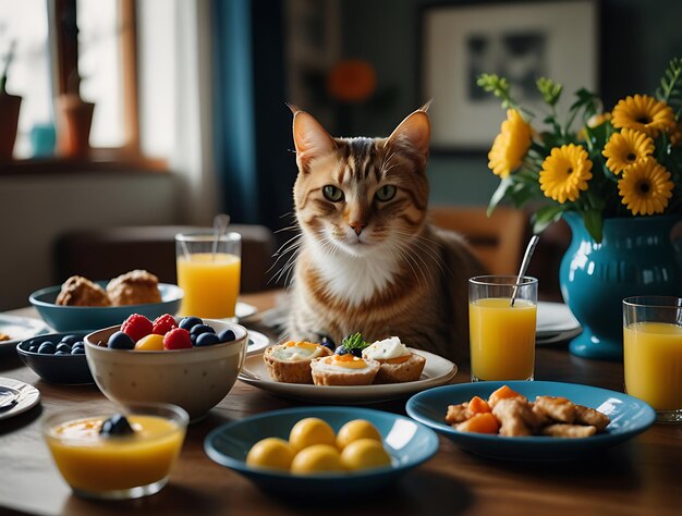 Foto organize um brunch amigável com gatos com delicioso catth