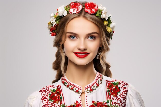 Orgulho da cultura Mulher ucraniana Sorriso alegre em vestido nacional IA generativa
