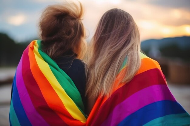 Foto orgulho e solidariedade mulheres apaixonadas pela bandeira do arco-íris