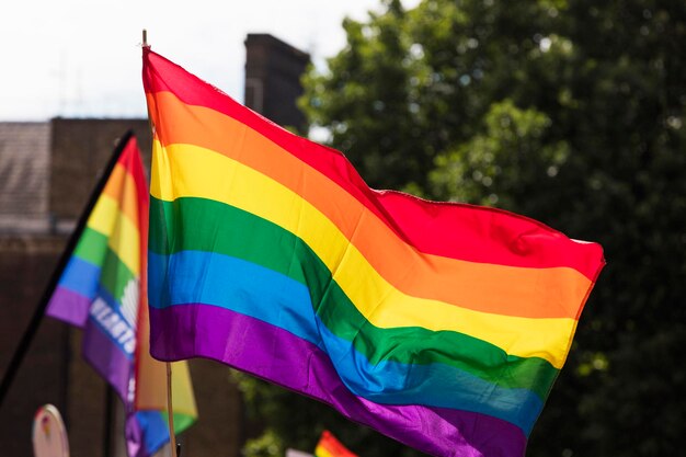 Orgulho gay, bandeiras do arco-íris LGBTQ sendo acenadas no ar em um evento de orgulho.