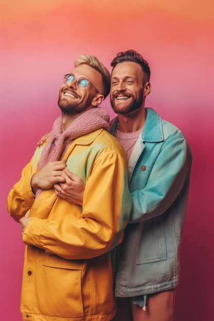 orgulho gay Dois homens em jaquetas coloridas posam para uma foto em frente a um fundo rosa