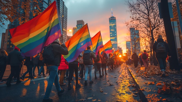Orgulho LGBT Uma multidão de pessoas carregando bandeiras arco-íris na rua