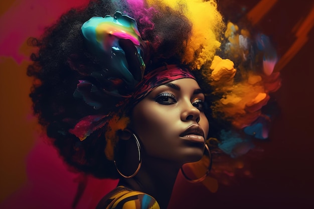 Orgulhosa linda mulher negra afro com cores brilhantes em seu cabelo Jovem afro-americana olhando com confiança para a câmera Feminilidade conceito de beleza feminina Generative AI
