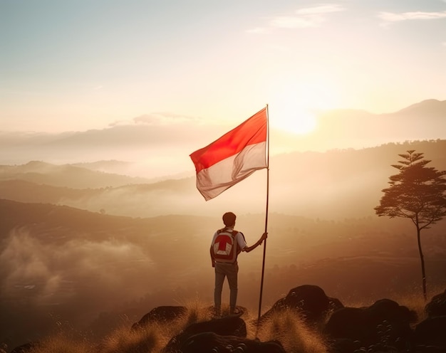 Orgulhoso homem indonésio no pico de uma montanha levantando bandeira vermelha e branca da indonésia