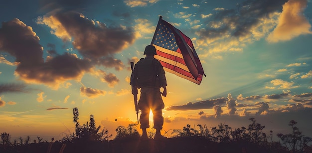 Foto orgulhoso soldado sentinela americano ao pôr-do-sol