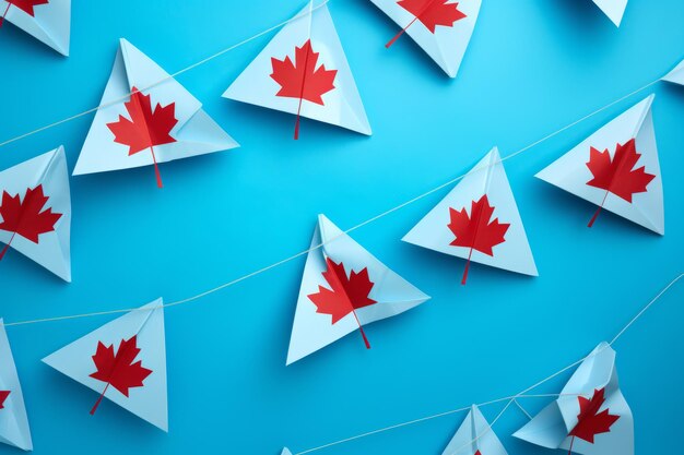 El orgullo canadiense se eleva Las banderas de papel revolotean sobre un fondo azul AR 32