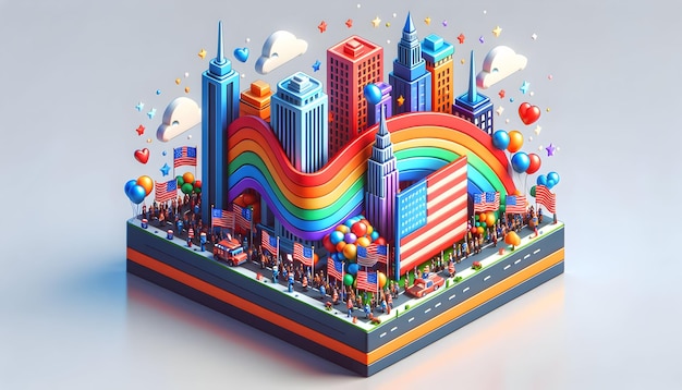 Orgullo de celebrar la Independencia 3D Icon Parade en el vibrante tema del cartel del Día de la Independencia de los Estados Unidos
