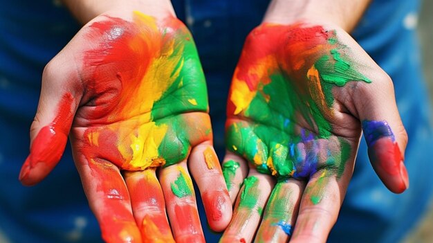 Foto el orgullo gay con las manos pintadas con arco iris