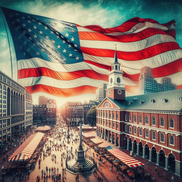 Foto el orgullo del mercado la belleza atemporal de la bandera estadounidense junto al histórico faneuil hall de boston