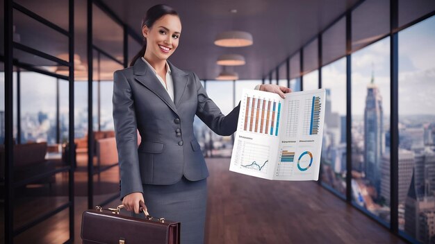 Una orgullosa mujer de negocios mostrando su informe.