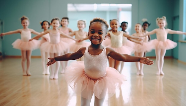 Orgullosa niña afroamericana en ballet vistiendo una falda de tutú rosa niños de pie en ballet