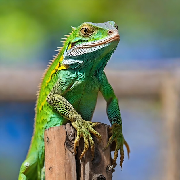 El orgulloso y colorido lagarto verde se alza sobre un poste de madera