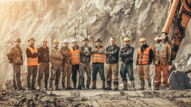 Un orgulloso equipo de trabajadores de la construcción en fila en el sitio