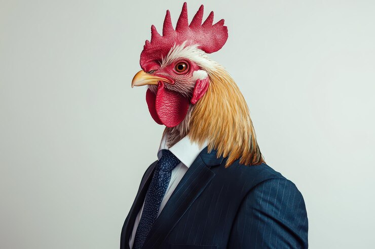 El orgulloso gallo en traje formal presenta una mezcla única de humor y elegancia.