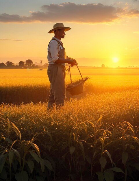 Foto orgulloso granjero inspeccionando su cosecha