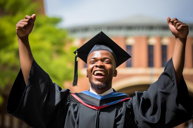 Orgulloso nuevo graduado universitario afroamericano celebrando sus logros