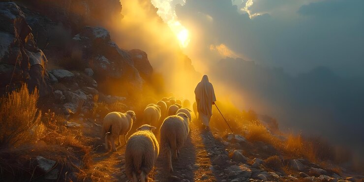 Foto orientação e graça divinas jesus cristo liderando um rebanho de ovelhas sob a luz radiante do sol conceito orientação divina jesus cristo rebanho de ovelhas radiante luz solar simbolismo espiritual
