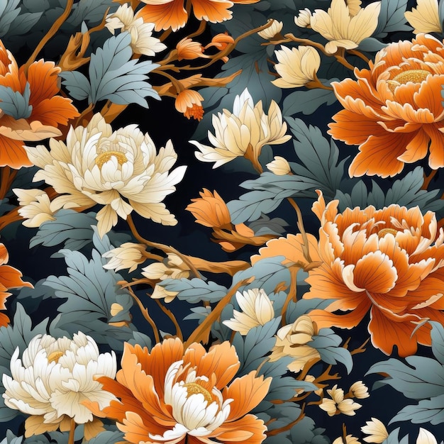 Orientales Muster mit blühenden Pionen in schwarzer, orangefarbener, weißer und blauer Fliese