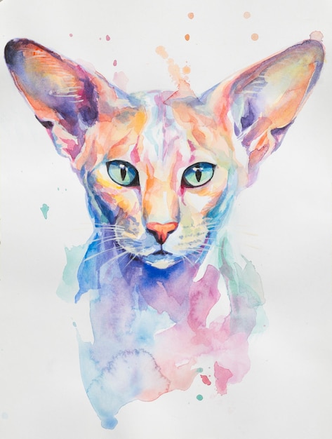 Orientalische Kurzhaarkatze in realistischer, farbenfroher Aquarellfarbe auf weißem Hintergrund gemalt