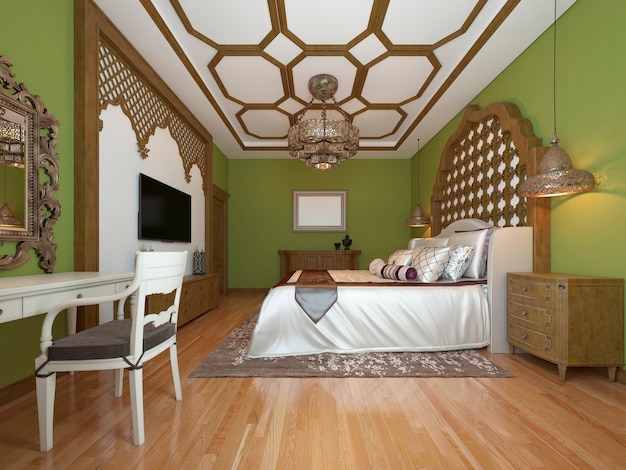 Orientalisches Schlafzimmer im arabischen Stil mit Holzkopfteil und grünen Wänden. TV-Gerät, Schminktisch, Sessel mit Couchtisch. 3D-Rendering.