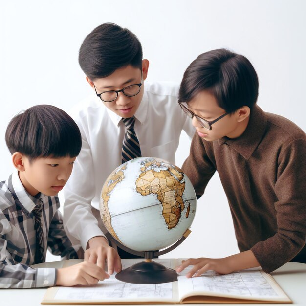 Orientando o professor de geografia da Global Minds e o menino aprendendo com o globo terrestre