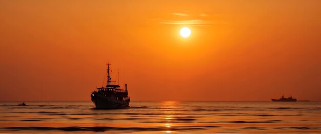 Oriente Medio puesta de sol en la silueta de un barco de mar nubes naranjas dramáticas