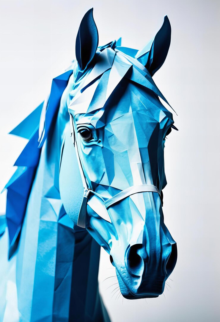 Origami abstracto de un caballo con ojos azules calmando los colores espirituales contra un fondo blanco