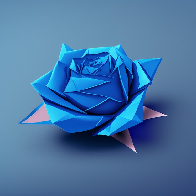 Origami blaue Rose Blume Papierhandwerk Blumenblüte Bunte handgeschöpfte Papierrose auf blauem Hintergrund Gestaltungselement