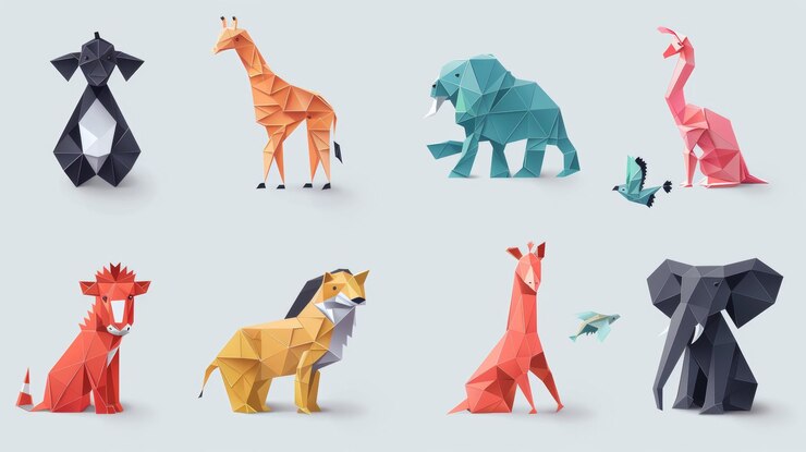 Foto origami de animais geométricos coloridos em fundo minimalista