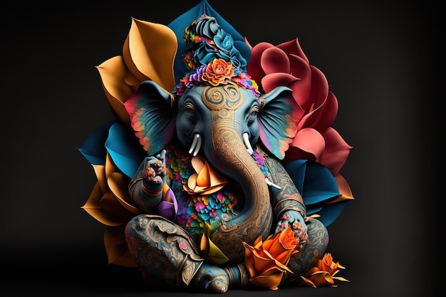 Origami do deus indiano ganesh em artesanato de flores coloridas