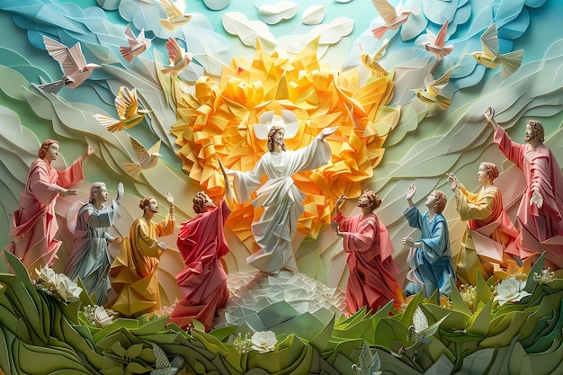 Origami Escena da Ascensão de Jesus na Páscoa