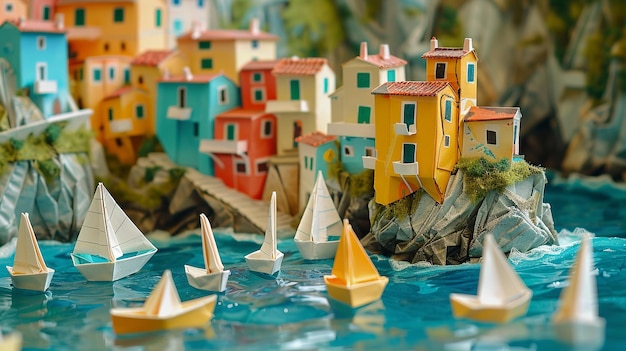 Foto origami escena de uma aldeia à beira-mar da costa de amalfi