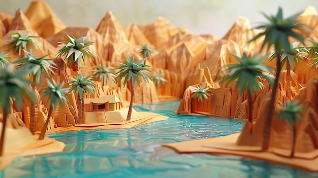 Foto origami escena del oasis del desierto del sáhara
