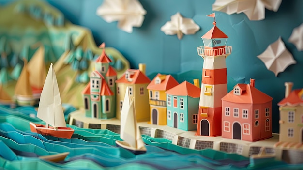 Foto origami faro linea costera y ria formosa ciudad del papel