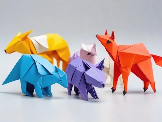 Foto origami-figuren aus farbigem papier in form verschiedener tiere. regenbogenfiguren auf einer lampe