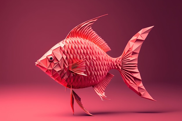 Origami-Fisch aus rosafarbenem Papier isoliert auf rotem Hintergrund
